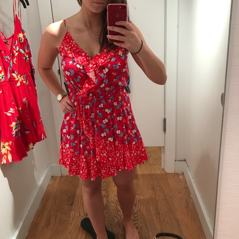 Short red and blue floral dress from express